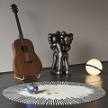 Wooden Guitar And Black Sculpture Art Supplies In Modern Interior With Marble Ball And Rug