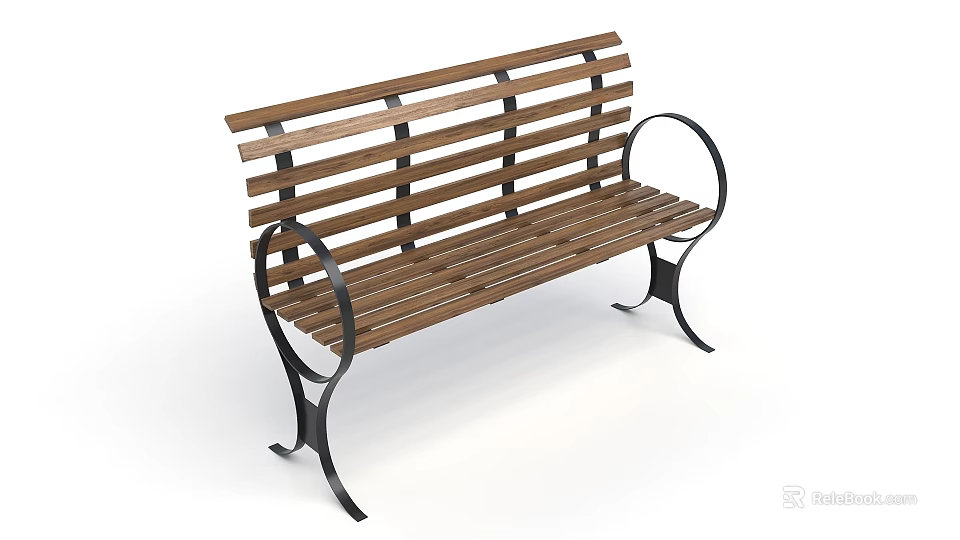 Leisure Bench With Wooden Slats And Metal Curved Armrests Sturdy Frame Design 3d model 