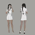 Woman in White Nurse Uniform Adjusting Mask Front and Back Views
