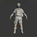 Military Character in Camouflage Uniform With Helmet Mask Standing Pose on Gray Reflective Ground
