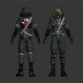 Detailed Futuristic Character Design Featuring Black Protective Suits With Green Accents And Hooded Helmets