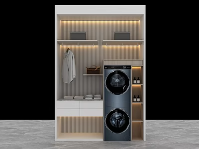 Home Balcony Laundry Space Design With Washing Machine Dryer Storage Cabinets And Lighting 3d model