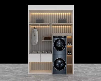 Home Balcony Laundry Space Design With Washing Machine Dryer Storage Cabinets And Lighting 3d model