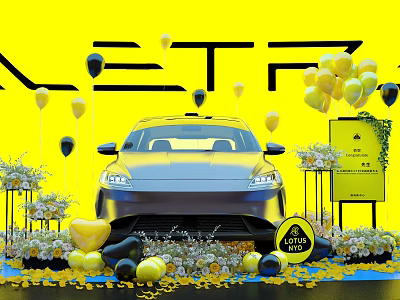 Car Exhibition Decorated With Yellow Background Yellow Black Balloons Flower Bouquets And Guide Sign 3d model