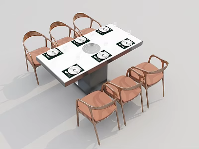 Rectangular White Dining Table With Six Wooden Armrest Chairs And Four Plates 3d model