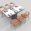 Rectangular White Dining Table With Six Wooden Armrest Chairs And Four Plates 3d model