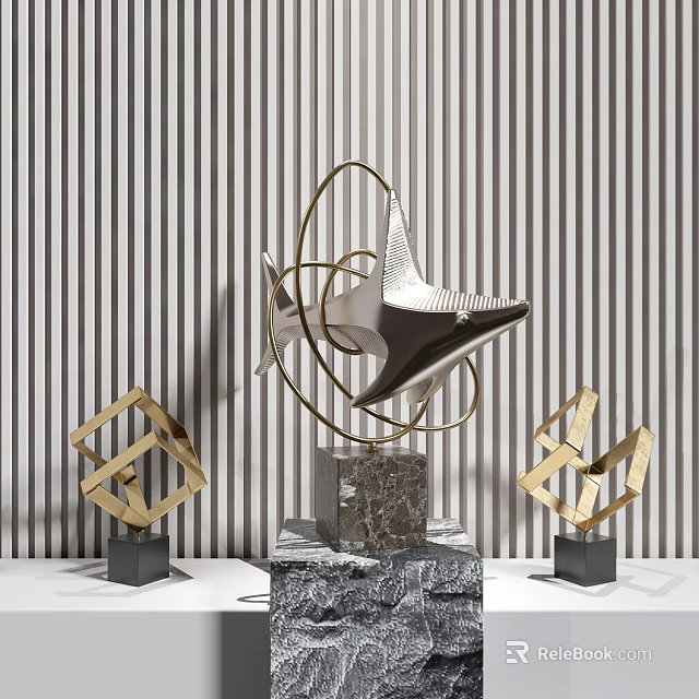 Abstract Metal Sculpture With Curved Lines Marble Base And Geometric Decor On Striped Wall Background 3d model 