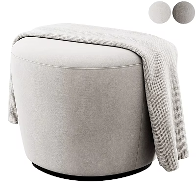 Round Light Gray Upholstered Stool With Knitted Blanket Draped Over Black Base 3d model