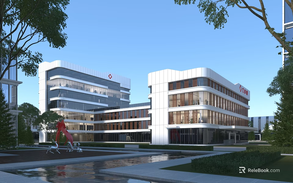 Modern Multi story Office Building With Glass Curtain Wall Red Logo Greenery And Water Feature Exterior Design 3d model 