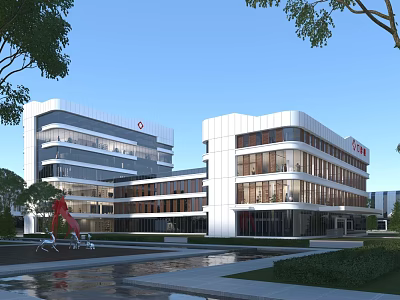Modern Multi story Office Building With Glass Curtain Wall Red Logo Greenery And Water Feature Exterior Design 3d model