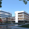 Modern Multi story Office Building With Glass Curtain Wall Red Logo Greenery And Water Feature Exterior Design
