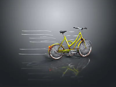 Yellow Bicycle With Dynamic Speed Lines On Gray Background And Reflection 3d model