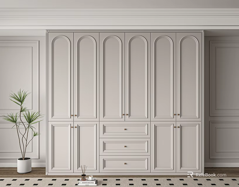 White Arched Door Wardrobe With Drawers Paneled Walls And Potted Plant On Checkerboard Floor 3d model 