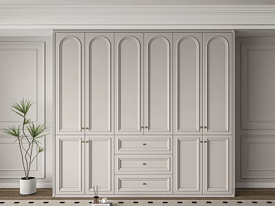 White Arched Door Wardrobe With Drawers Paneled Walls And Potted Plant On Checkerboard Floor 3d model