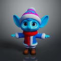Adorable Blue Game and Movie Character With Large Ears Colorful Hat Red Scarf Brown Shoes