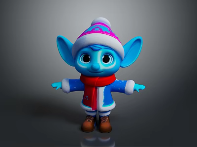Adorable Blue Game and Movie Character With Large Ears Colorful Hat Red Scarf Brown Shoes 3d model