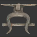 Ancient Metal Weapon with Horned Top Design Decorative Shield Structure and Intricate Carvings