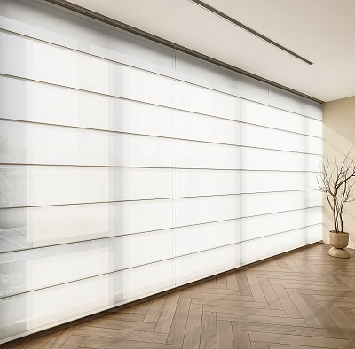 Large White Light Filtering Blinds In Bright Interior With Wooden Floor And Decorative Plant 3d model