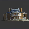 Red Brick Two Story Building With Blue Roof Multiple Chimneys And Grass Courtyard