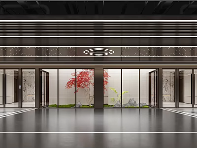 Modern Luxury Parking Garage Interior With Glass Doors Green Plants And Striped Floors 3d model