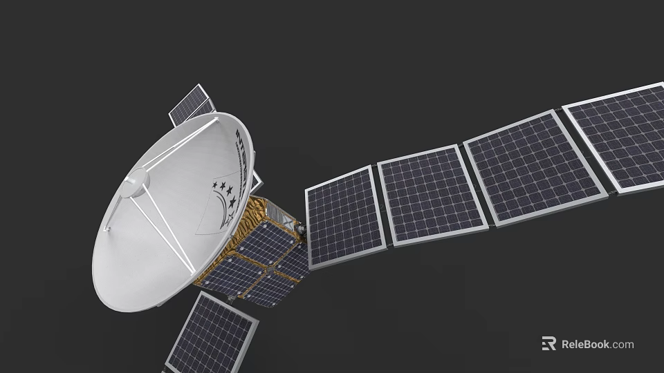 Space Satellite Featuring Large Dish Antenna And Solar Panels Array 3d model 