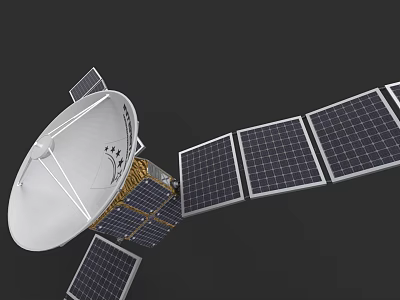 Space Satellite Featuring Large Dish Antenna And Solar Panels Array 3d model