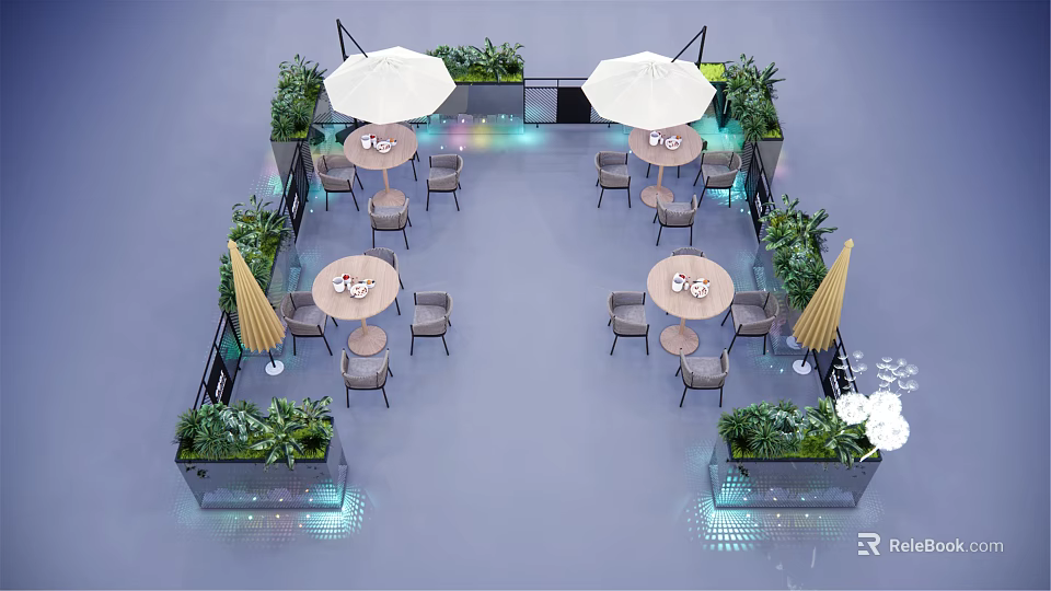 Outdoor Tables Set With Chairs Umbrellas Green Plants And Ambient Lighting 3d model 