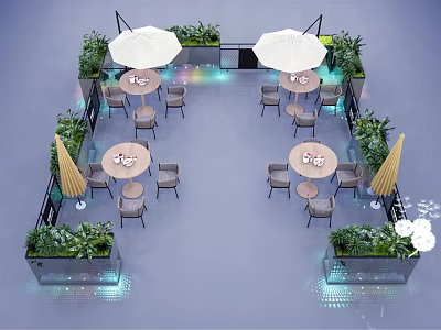 Outdoor Tables Set With Chairs Umbrellas Green Plants And Ambient Lighting 3d model