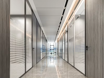 Modern Office Corridor With Glass Doors Linear Ceiling Lights And Polished Marble Flooring 3d model