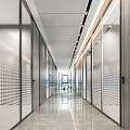 Modern Office Corridor With Glass Doors Linear Ceiling Lights And Polished Marble Flooring
