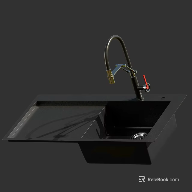 Modern Black Kitchen Sink With Draining Board And Stylish Faucet Design 3d model 