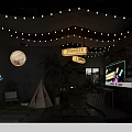 Cozy Café Interior With String Lights Moon Decoration Teepee Neon Signs Green Plants Bar Counter
