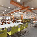 Modern Food Court Interior With Food Display Screens Counter Dining Tables And Bright Lighting