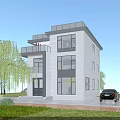 Modern Detached Villa Exterior With Large Windows Balconies Driveway Lawn And Trees