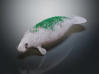 White Manatee With Green Algae On Back And Smooth Skin In Dark Background 3d model