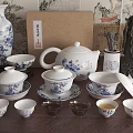 Traditional Blue and White Porcelain Tea Set with Teapot Cups Bowls Saucers and Classical Decorations