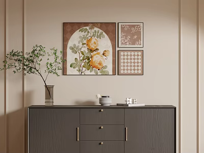 Botanical Painting Decor on Interior Wall with Dark Cabinet Vase Greenery Cups and Books 3d model
