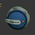 Metallic Sphere Device With Blue Surface Red Button And Silver Grille