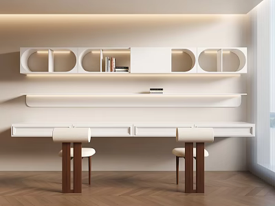 Modern Elegant White Desk With Wooden Chairs Open Shelves Built-in Lighting And Minimalist Design 3d model