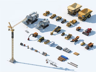 Construction Function Vehicles With Crane Dump Trucks Excavators Concrete Mixer And Tools 3d model