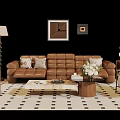 Brown Leather Sofa And Coffee Table Set With Decorative Pillows Patterned Rug And Wall Art 3d model