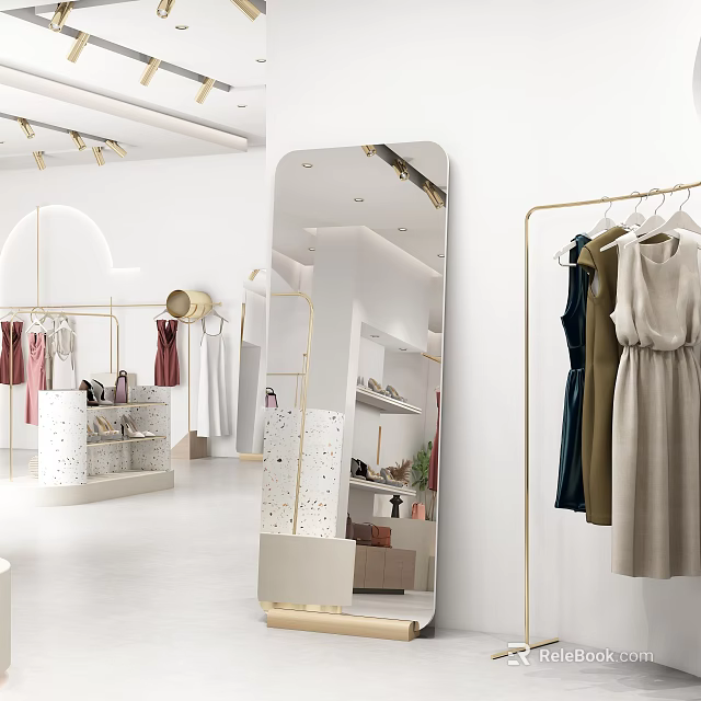 Stylish Floor Mirror in Fashion Boutique with Hanging Dresses and Display Racks 3d model 