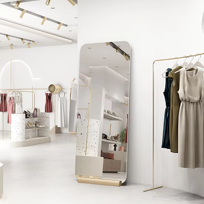 Stylish Floor Mirror in Fashion Boutique with Hanging Dresses and Display Racks 3d model