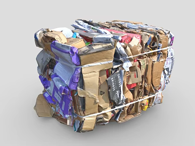 Bale of Recycled Waste Materials Including Cardboard Paper Plastic and Straps Binding Together 3d model