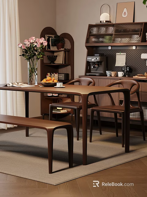 Modern Wooden Dining Table Set With Chairs Bench Vase Fruit And Coffee 3d model 