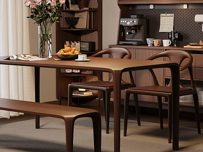 Modern Wooden Dining Table Set With Chairs Bench Vase Fruit And Coffee 3d model
