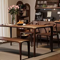 Modern Wooden Dining Table Set With Chairs Bench Vase Fruit And Coffee