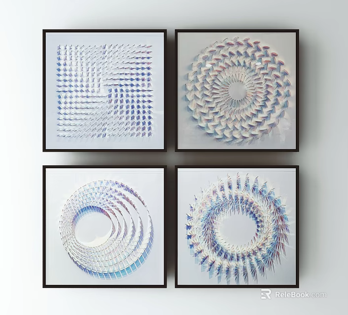 Modern Abstract Wall Artworks With Spiral Grid Patterns In Black Frames 3d model