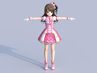 Cute Game Movie Character in Pink Dress with Ponytail and Hair Accessory 3d model