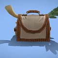 Brown Leather Medical Kit With Red Cross Symbol Scroll Small Bottles And Green Herbs